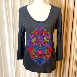 Lucky Brand Dark Gray Embroidered Long Sleeve T-shirt